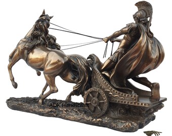 ローマの戦車と馬の像、10インチの接着ブロンズローマ剣闘士戦車の置物