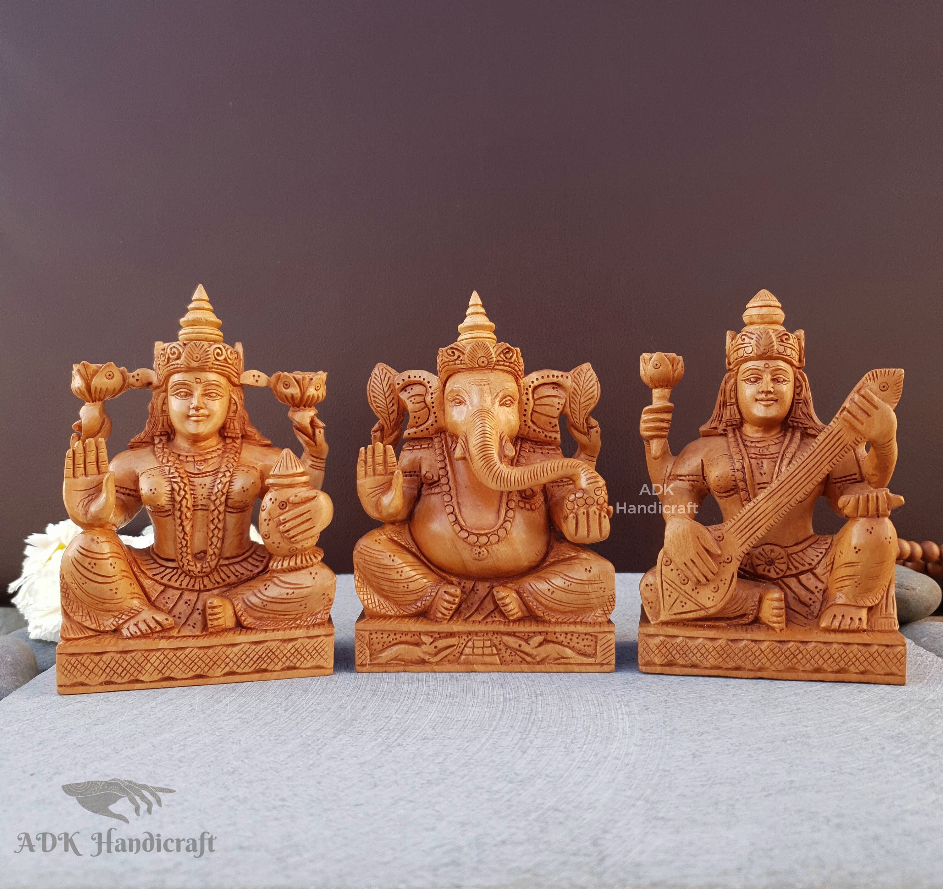 Ganesh Lakshmi Saraswati Statue- 5" Inch Wooden Statue Diwali Gift HandCarved Ganesha Statue Goddess Laxmi Goddess Saraswati Hindu Gods Idol
