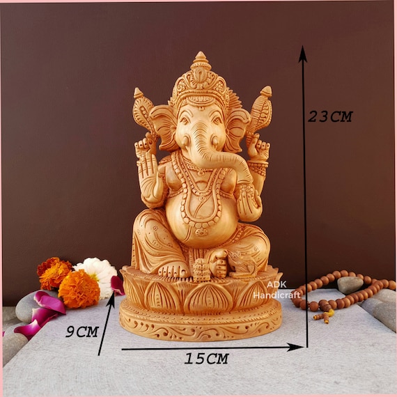 木製のガネーシャ像、9インチの精巧な手彫りのガネーシャ像