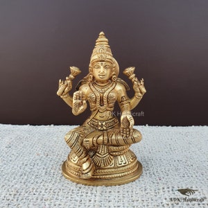 Goddess Lakshmi Statue, Brass Laxmi Statue, Sitting Lakshmi, Hindu Goddess of Wealth, abundance, good fortune, fertility prosperity, 13.5 CM