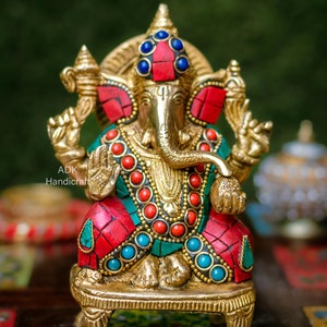 Brass Ganesha Statue, 6&quot; Inch Lord Ganesh Statue, Chowki Ganesha idol, Ganpati Murti, Vinayaka Idol, Elephant God,Hindu God Of Good Luck