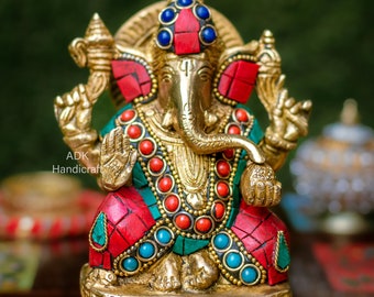 Estátua de Ganesha de latão, estátua de Lord Ganesh de 6 ", ídolo Chowki Ganesha, Ganpati Murti, ídolo Vinayaka, deus elefante, deus hindu da boa sorte