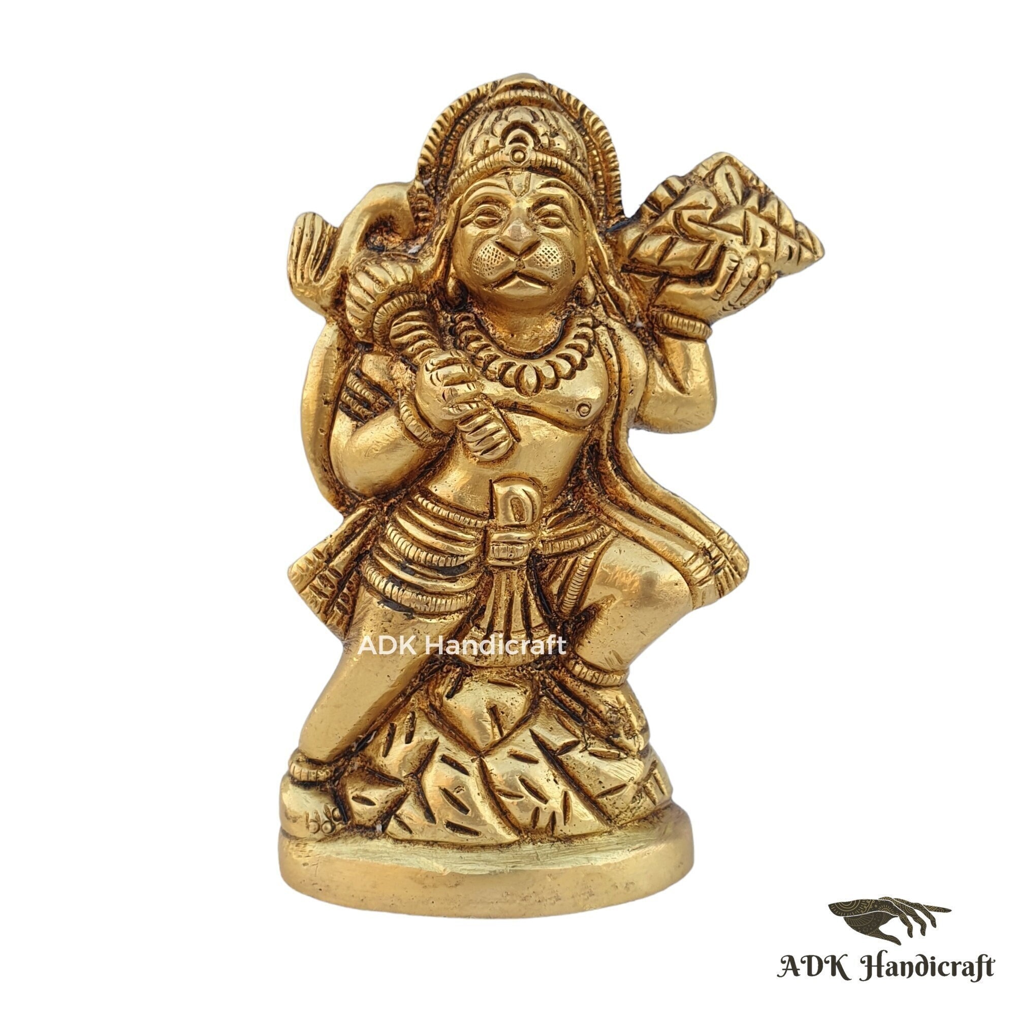 Brass Hanuman Statue With Sanjivani Mountain, 4" Inch Small Fine Brass ...