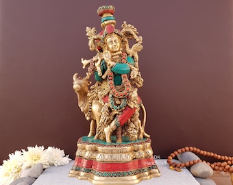 豊かさと繁栄を引き寄せる、純粋な真鍮製の真鍮製牛のクリシュナ神像