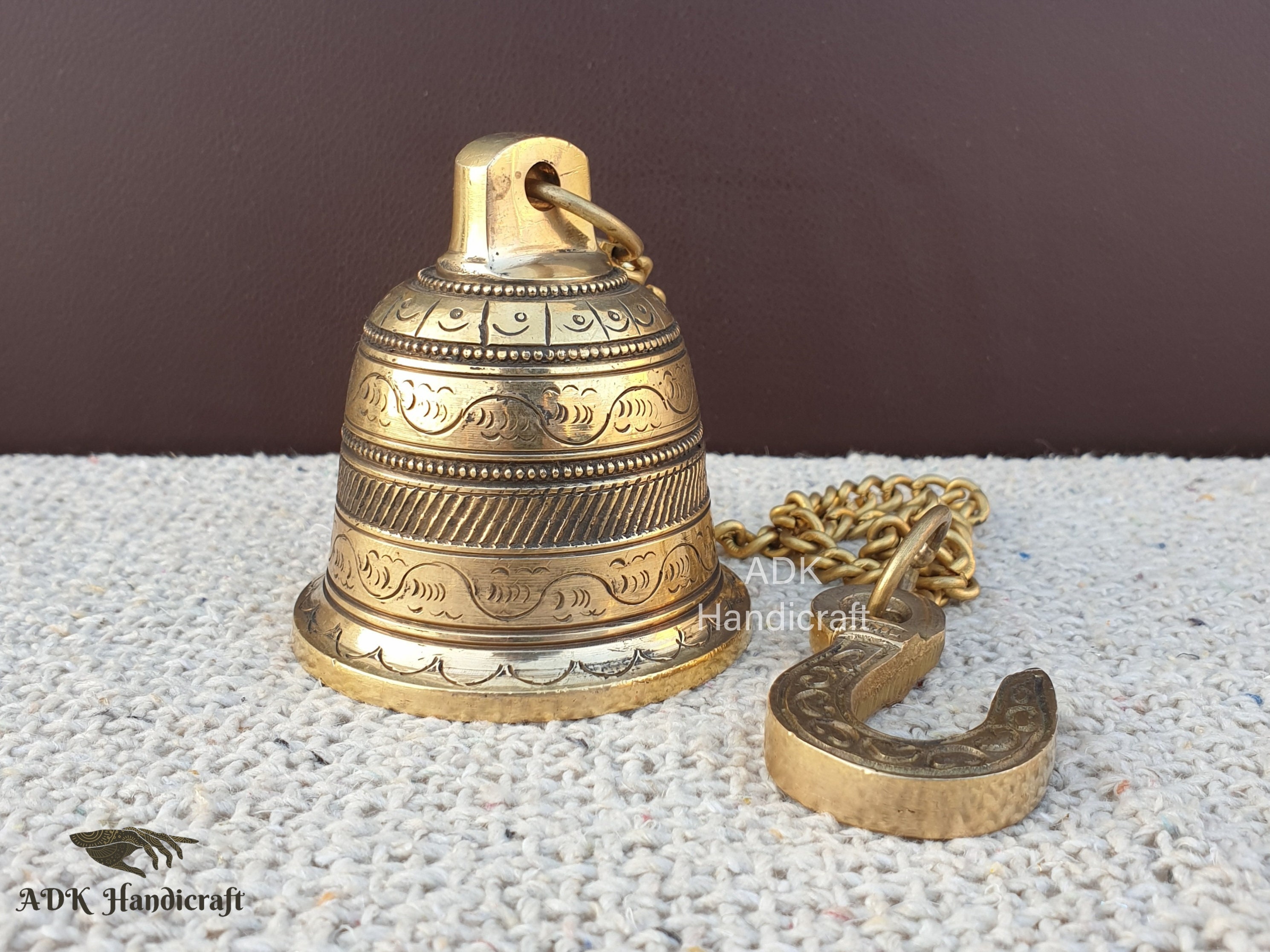 1700's Ancient Brass Hand Forged Hindu Temple Hanging Bell With Hook
