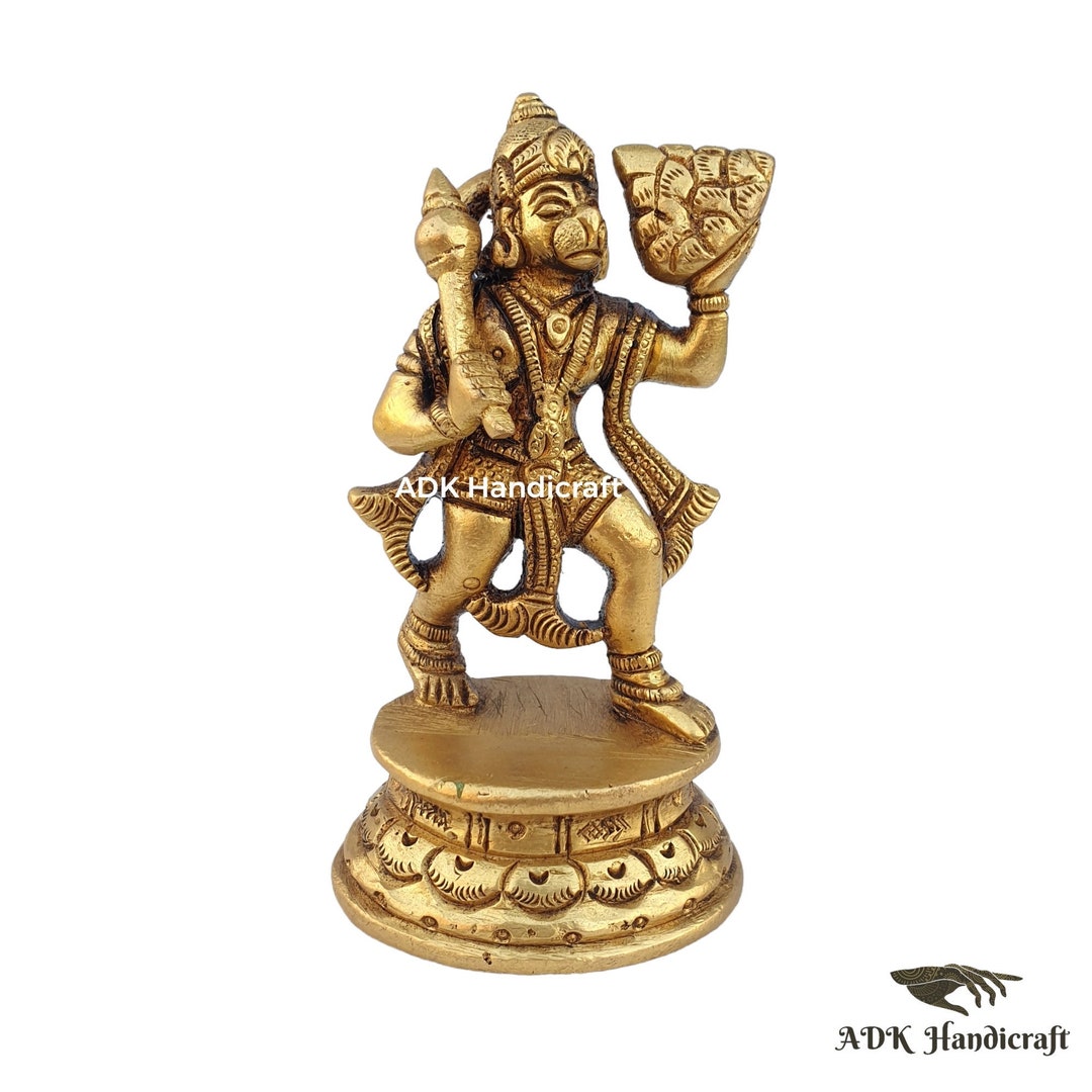 Lord Hanuman Statue in Brass Carrying Sanjivani Mountain, 4 Inch Fine