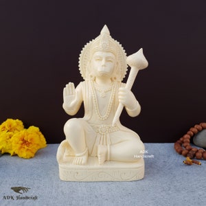 Hanuman Statue, 6.2&quot; Inch Ivory Look Dust Marble Lord Hanuman Idol, Ramabhakta, Hindu Monkey god of Devotion, Strength,Celibacy,Bhakti, Gift