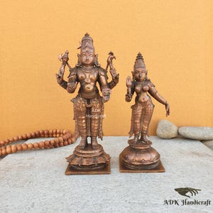 Copper Metal Vishnu Lakshmi Statue 6&quot; Inch Lord Vishnu Goddess Laxmi Sculpture, Lakshmi Narayana Idol, Laxmi Narayana Figurine Murti Home