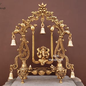 Brass Swinging Ganesha Statue Large, 14&quot; Inch Big size Brass Ganesh Statue on Swing, Brass Ganesh With Bells and Diyas, Brass Jhula Ganesha