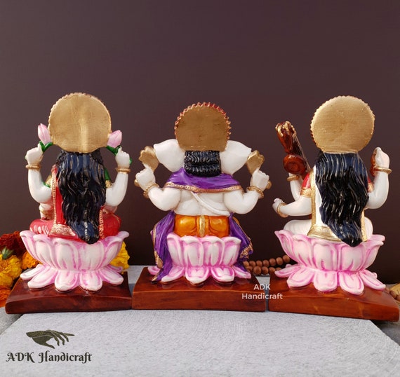 Lakshmi Ganesh Saraswati Statue, Hand Painted Cultured Marble