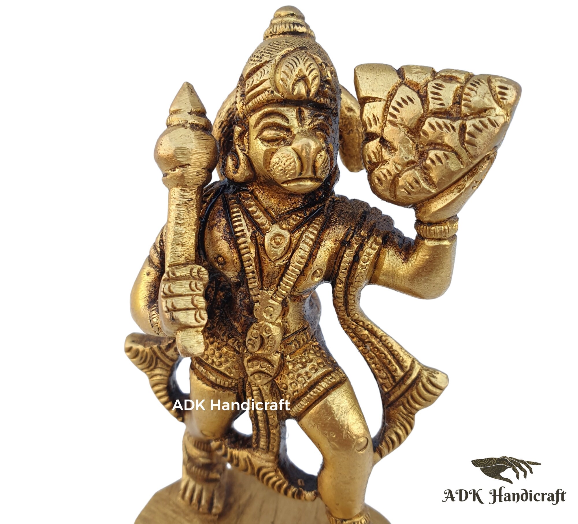 Lord Hanuman Statue in Brass Carrying Sanjivani Mountain, 4" Inch Fine ...