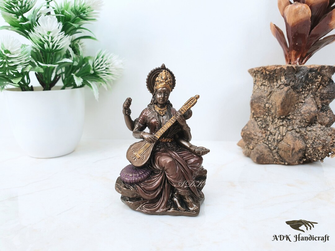 サラスワティ像、サラスワティ像、8 CM 接着ブロンズ女神サラスワティ