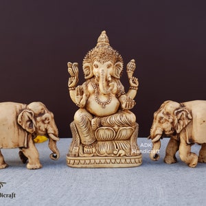 Ganesha Statue, 5.2&quot; Inch Ivory Look Antique Finish Dust Marble Lord Ganesh Idol With 2 Elephants, Ganpati, Vinayaka, Hindu God Of Good Luck