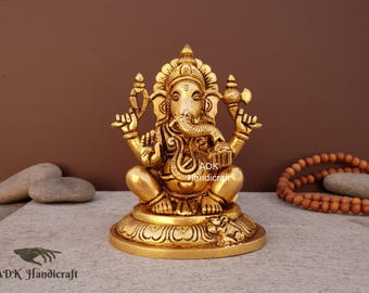 Ganesha Statue in Brass, 5" Inch Brass Ganesh Figure, Ganapati Idol, Hindu Gods Vinayaka Murti For Good Luck & New Beginnings Gifts Statues