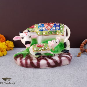 Kamdhenu Cow Idol, 4.5&quot; Inch Hand Painted Cultured Marble Cow With Calf Statue, Good Luck Cow, Lucky Cow, Cow of Wishes, Desires,Divine Gift