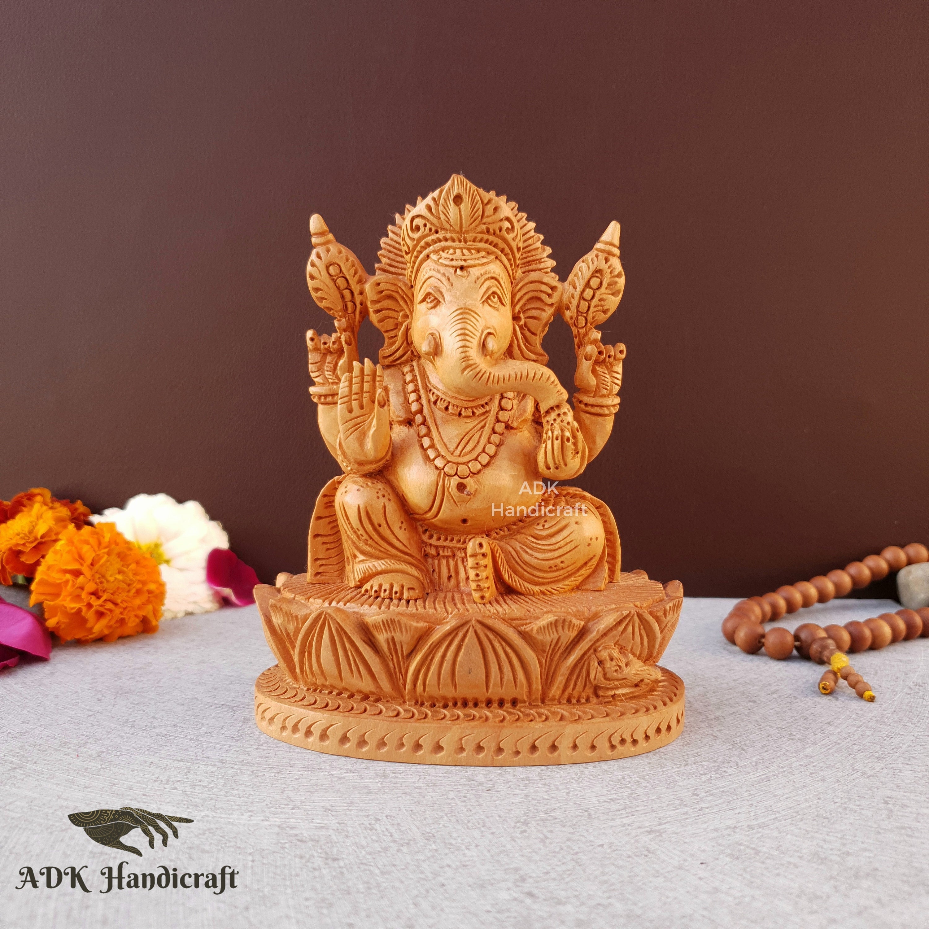 ガネーシャ像、5インチの木製の精巧な手彫りのガネーシャ像