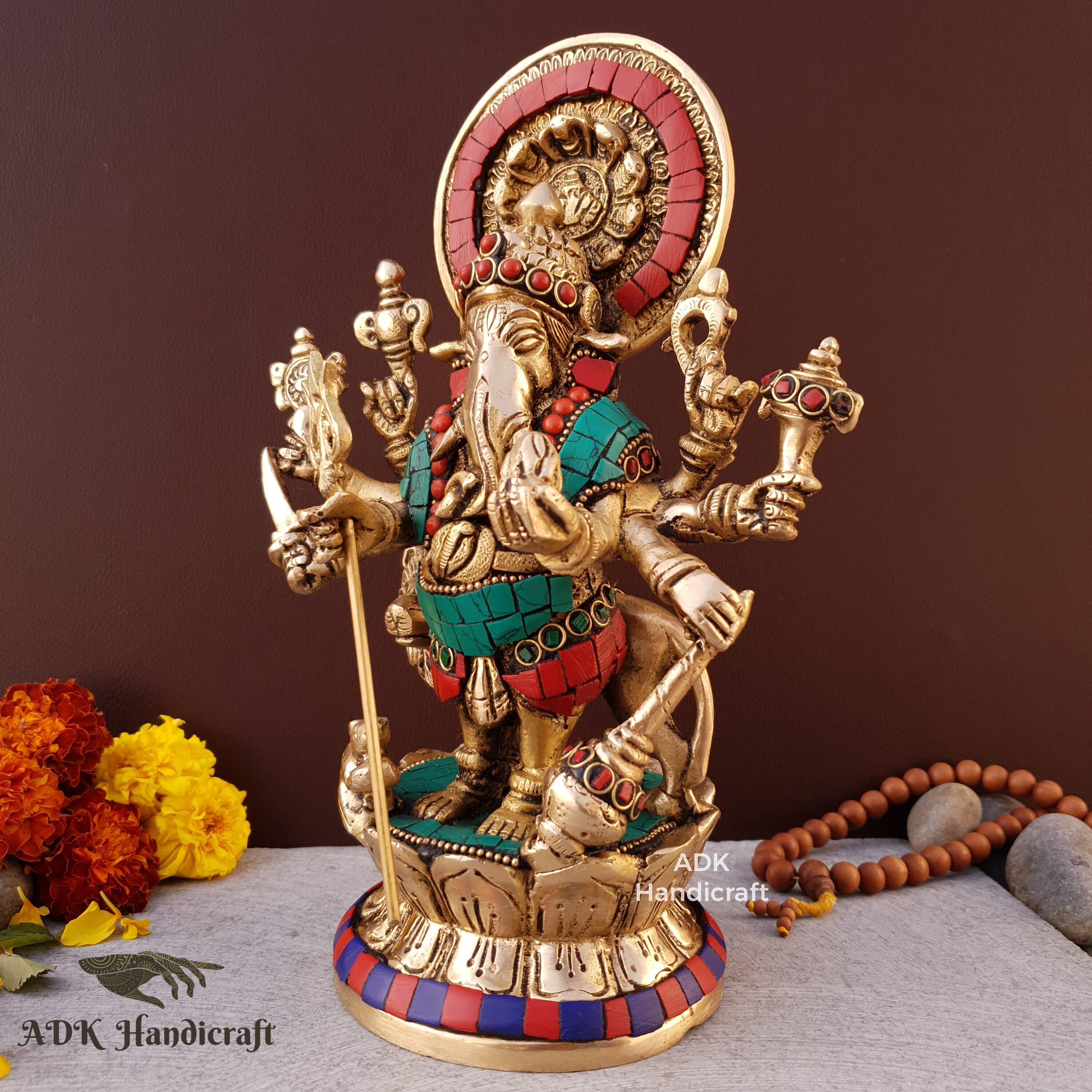 Brass Sri Shubh Drishti Ganesha Statue, 9" Inch Shubha Drishti Ganapati Idol in Brass
