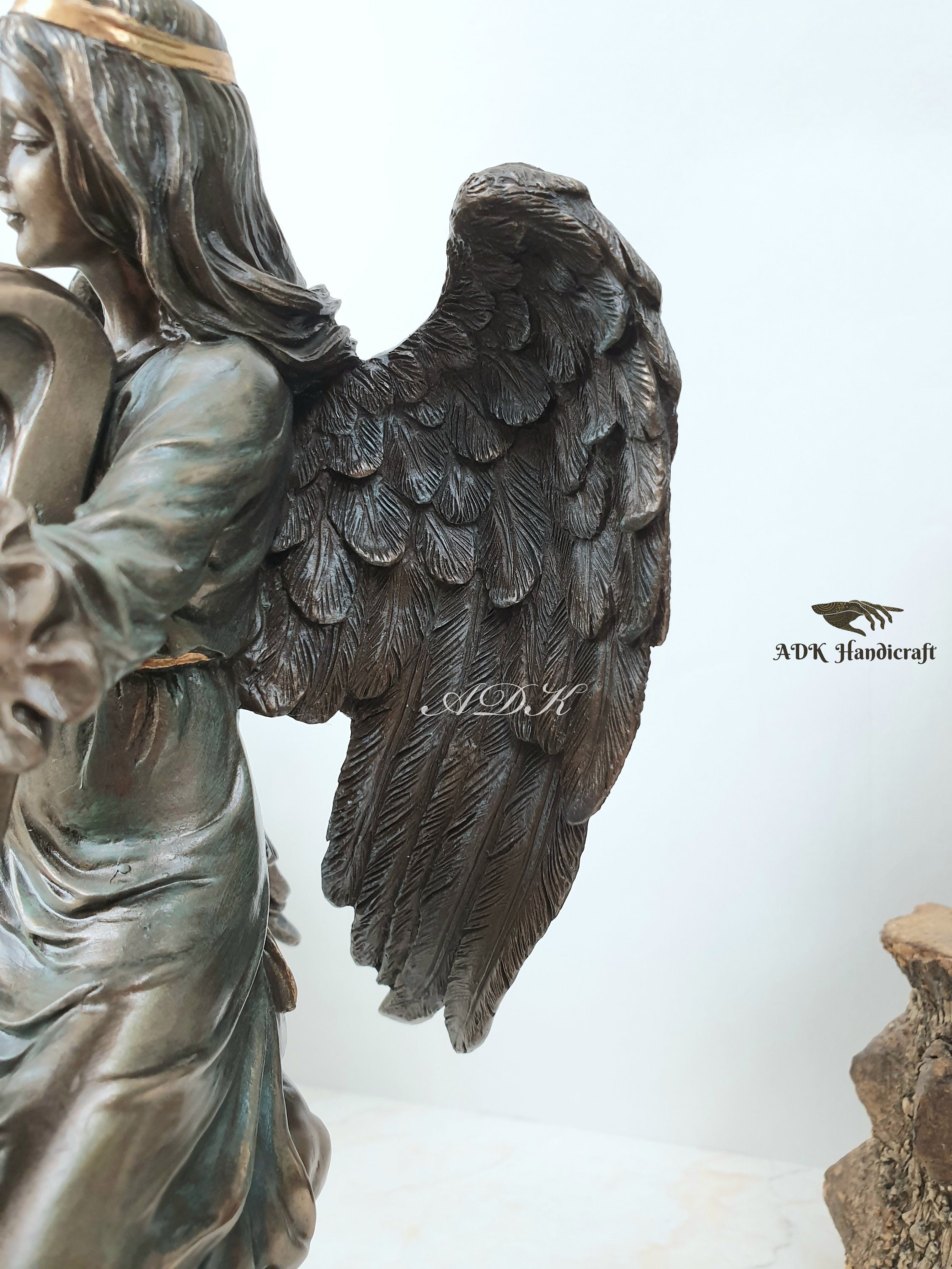 天使ミュージシャンのハープ像、20 CM、ハープを演奏する風に吹かれた