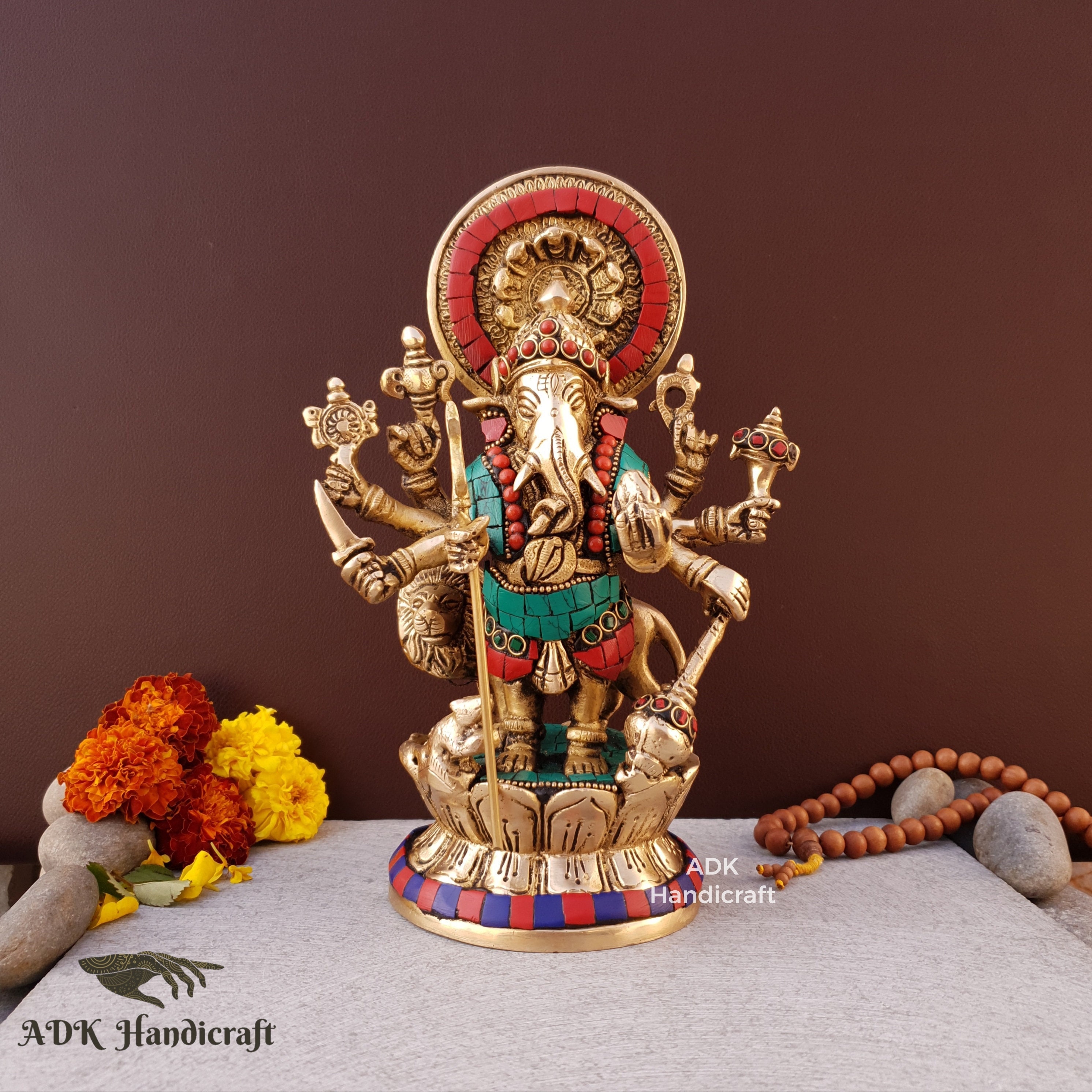 Brass Sri Shubh Drishti Ganesha Statue, 9" Inch Shubha Drishti Ganapati Idol in Brass