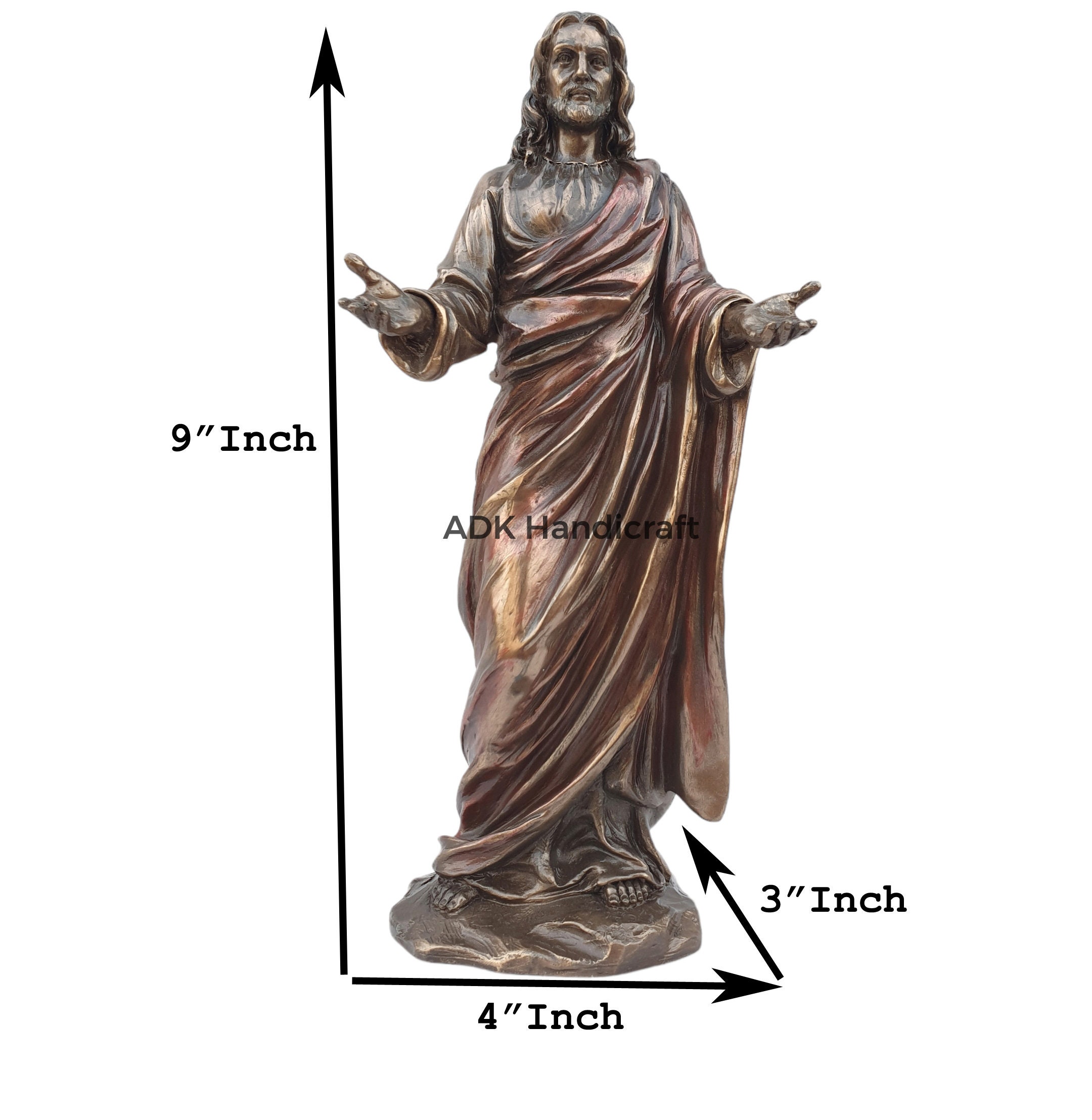 イエス・キリスト像、9インチの接着ブロンズ製、両手を広げたイエスの