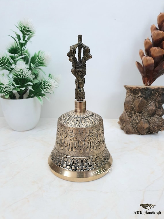Brass Tibetan Vajra Bell, Sound Healing Bells, Handcrafted, Hand Held  Ghanti Home Decoration, Mandir Temple, Heavy Brass, High Sound, Gift 