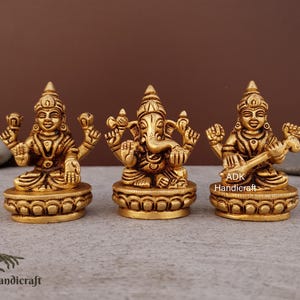 Brass Lakshmi Ganesh Saraswati Statue, 3” Inch Small Laxmi Ganesh Saraswati Idol, Ganapati, Sarasvati For Wealth, Fortune, Art, Music, Gifts