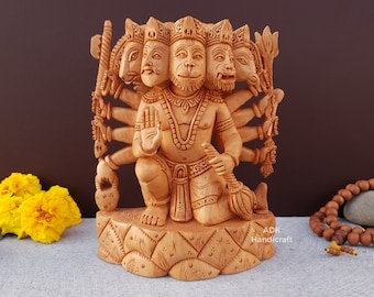 Panchmukhi Hanuman Statue, 6" Inch Wooden Lord Hanuman Idol, Ramabhakta, Hindu Monkey god of Devotion, Strength, Celibacy, Bhakti, Hanumana