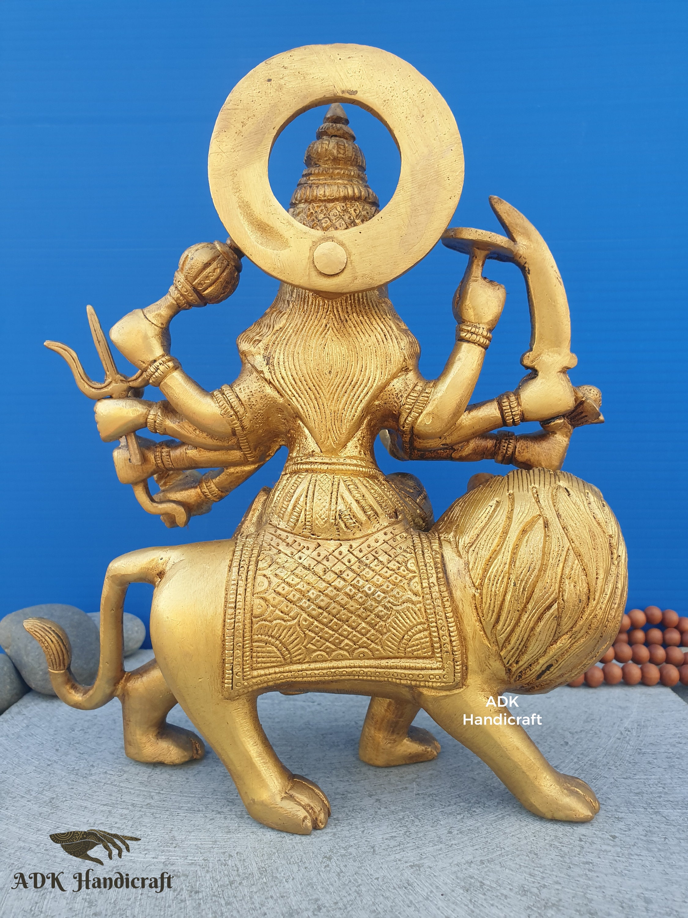 真鍮製ドゥルガー像、9インチのライオン像に座る女神ドゥルガー