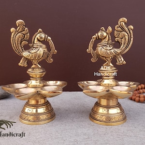 Annam Bird Diya in Brass for Home Temple, Oil Wick Diya Pair, Indian Handcrafted Deepak for Home Decor Handmade Lamp, Temple Mandir Dia lamp