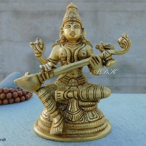 Goddess Saraswati Statue, Brass Saraswati Statue, Brass Sarasvati Maa with Veena idol, Hindu Goddess of Fortune, Knowledge, Music, Art, 13CM