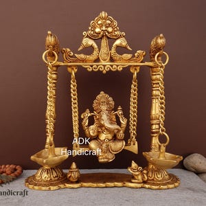 Brass Jhula Ganesha Statue, 9&quot; Inch Brass Ganesh Figure With Hanging Oil Lamp, Lord Ganapati Idol With Diyas, Vinayaka Murti on Swing, Gifts
