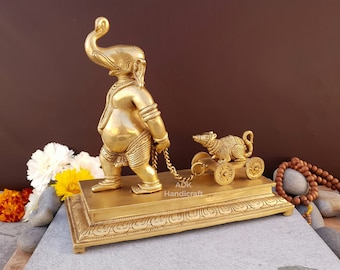 Lord Ganesha Statue Brass, 9.5" Inches Brass Ganesha with Mouse, Lord Ganesha Idol, Vinayaka, Elephant God, Hindu God Of Good Luck, Ganpati