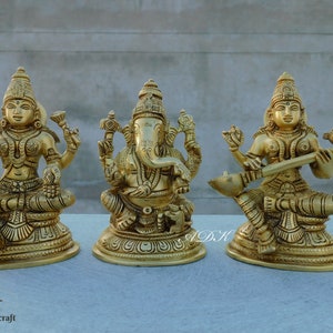 Lakshmi Ganesh Saraswati Statues, Brass Laxmi Ganesh Saraswati idols, Goddess Lakshmi Statue, Lord Ganesha Statue, Saraswati Statue, 13.5CM