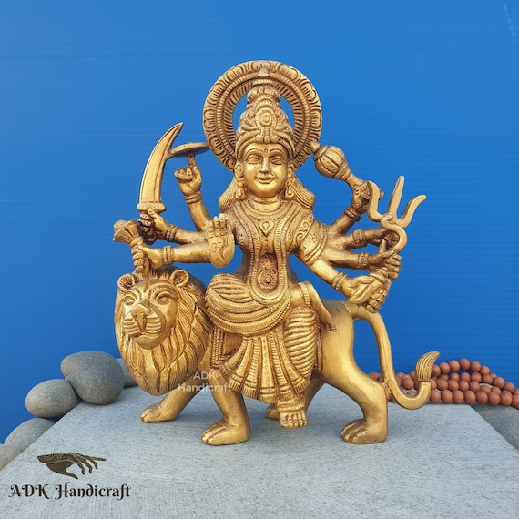 真鍮製ドゥルガー像、9インチのライオン像に座る女神ドゥルガー