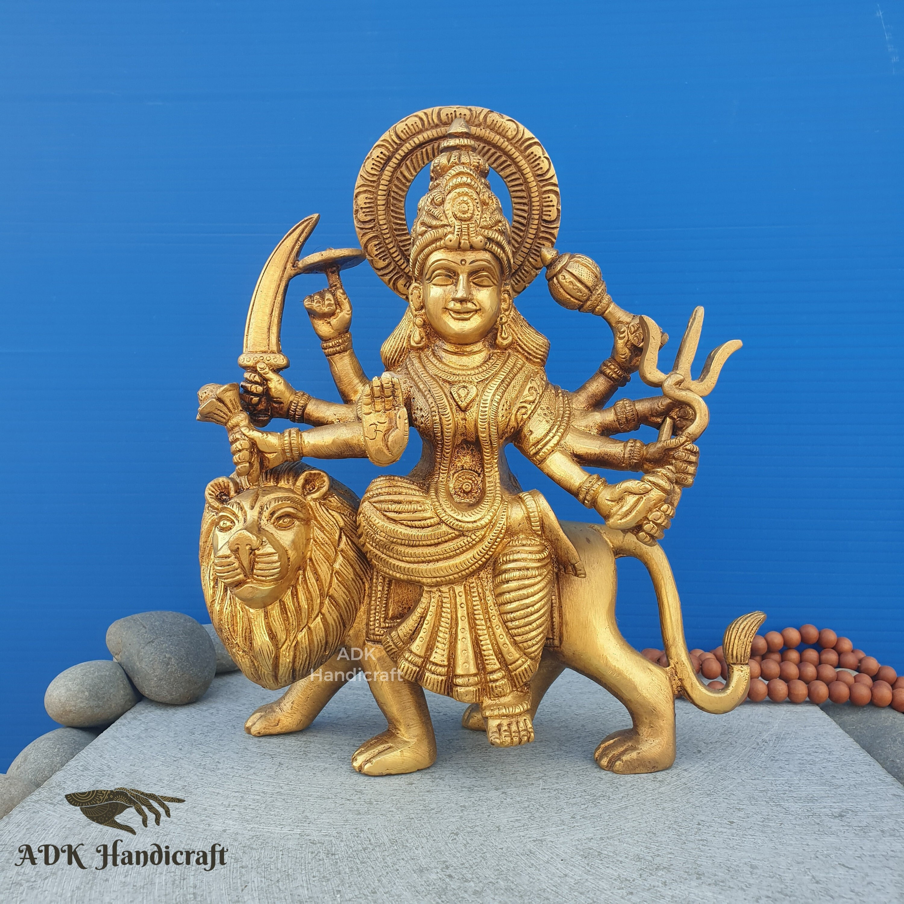 真鍮製ドゥルガー像、9インチのライオン像に座る女神ドゥルガー