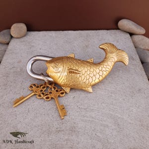 Brass Tricky Fish Design Padlock with 2 Keys, Antique Vintage Door Lock, 7" Functional Matsya Lock, Temple Gate Hardware, Vastu Decor Gifts