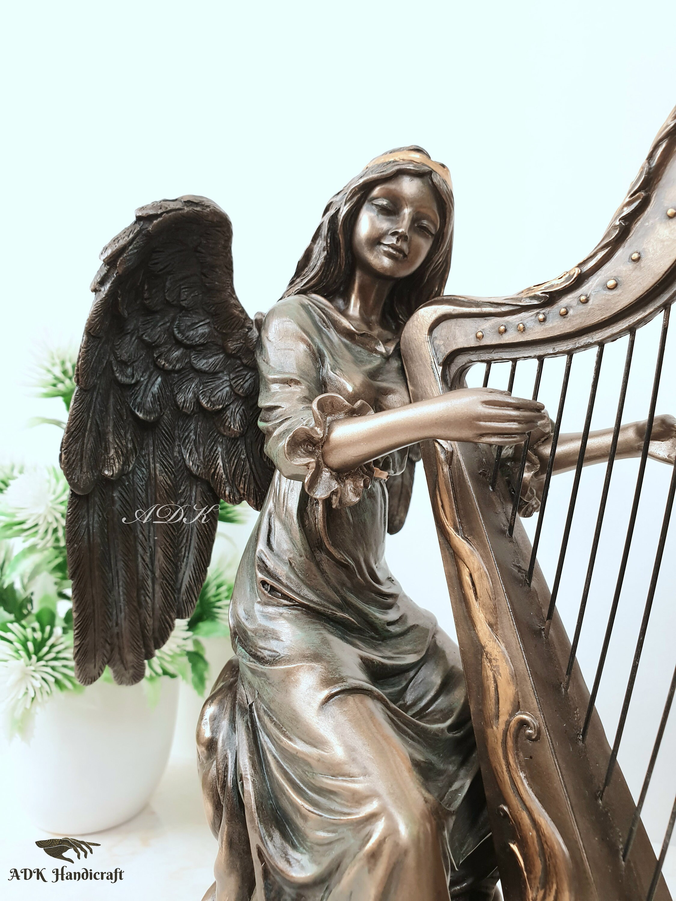 天使ミュージシャンのハープ像、20 CM、ハープを演奏する風に吹かれた