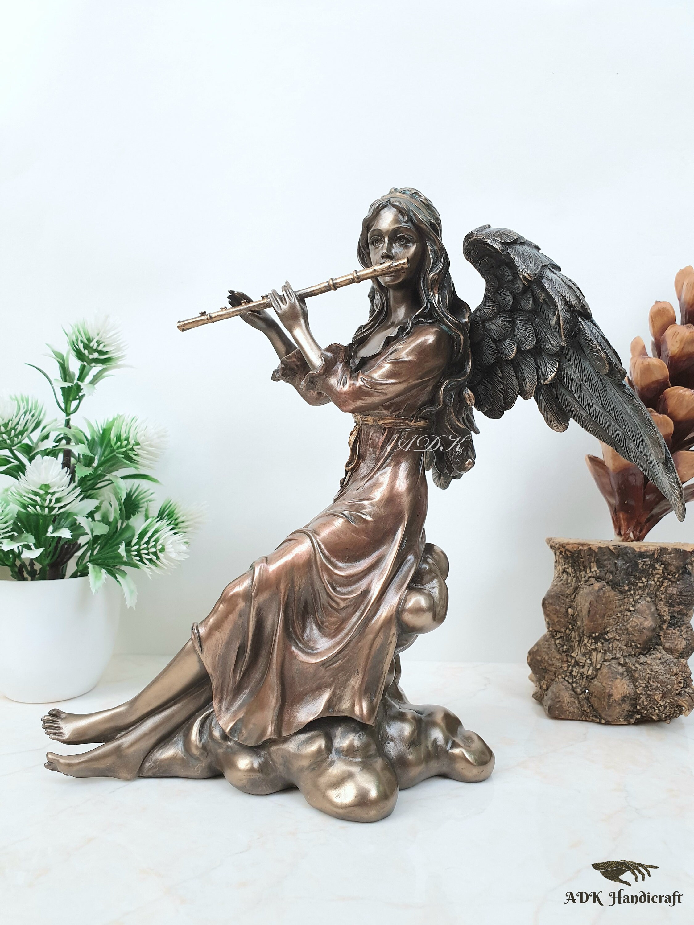 【Ostheimer】Angel with flute 笛を吹く天使 3点セット Angel Musician Flute Statue, 21 CM Angel Statue, Musician Angel
