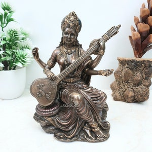 Saraswati Statue, Sarasvati Idol, 15 CM Bonded Bronze Goddess Saraswati Statue, Indian Arts. Hindu goddess of Arts,Music,Knowledge & Wisdom.