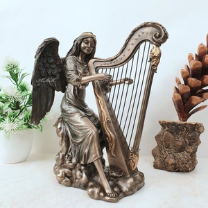 Angel Musucian Harp Statue, 20CM, Windblown Angel Playing Harp, Bonded Bronze Angel, Musician, Harp, Unique, Home Decor, Handmade, Gift.
