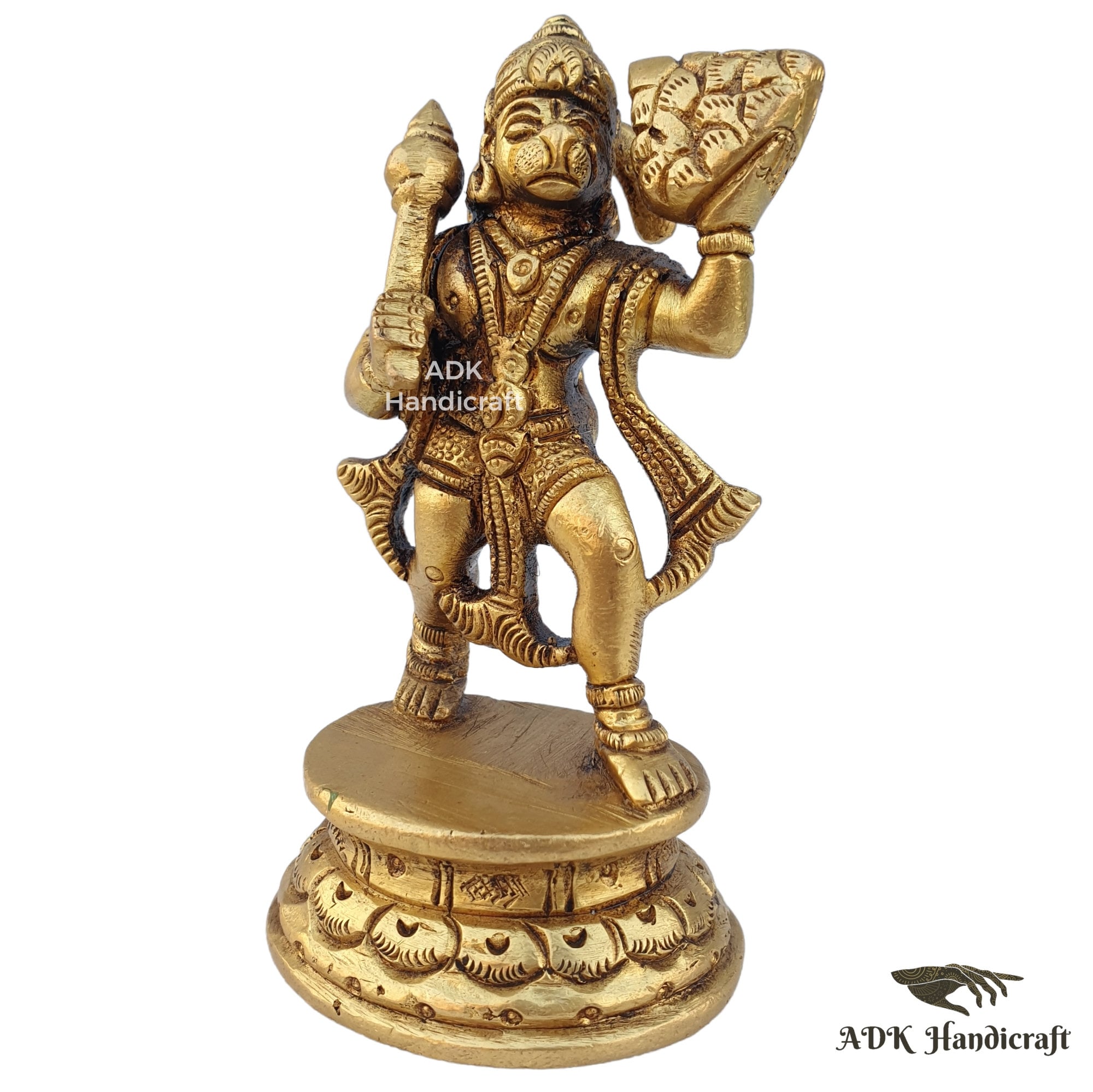 Lord Hanuman Statue in Brass Carrying Sanjivani Mountain, 4" Inch Fine ...