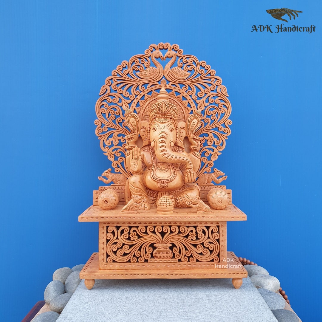 Wooden Ganesha Statue, 17 Inch Big Lord Ganesha Idol, Hand Carved
