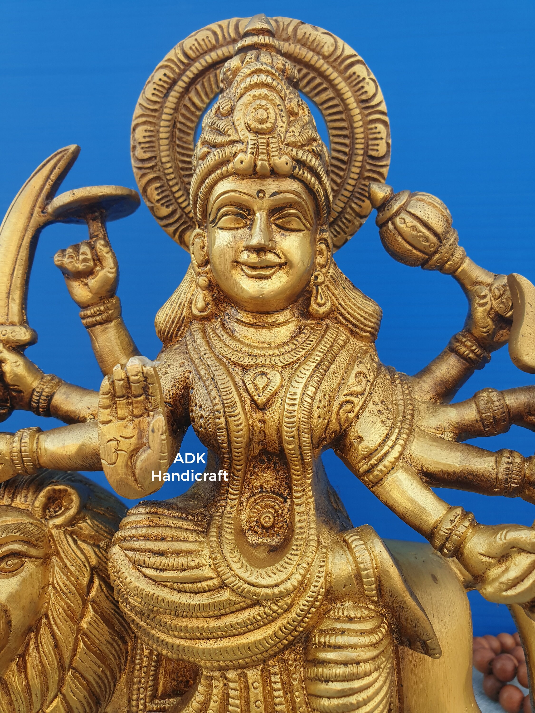 真鍮製ドゥルガー像、9インチのライオン像に座る女神ドゥルガー