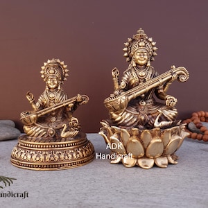 Statue de Saraswati en laiton superfin Idole de Sarasvati, déesse mère hindoue Saraswathi Murti Pour les arts, la musique, la connaissance, l&#39;éducation et les cadeaux