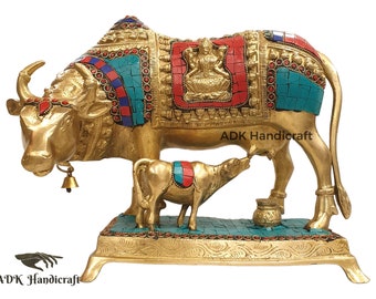 Brass Big Kamdhenu Cow with Calf Statue, 10.5" Inch Large Stonework Kamadhenu Cow Idol, Cow Calf Murty, Mother Cow Figure, Indian Home Decor