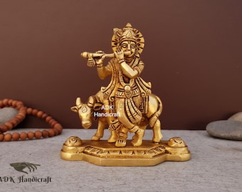 真鍮製クリシュナ像、27インチの牛クリシュナ真鍮アイドル、寺院