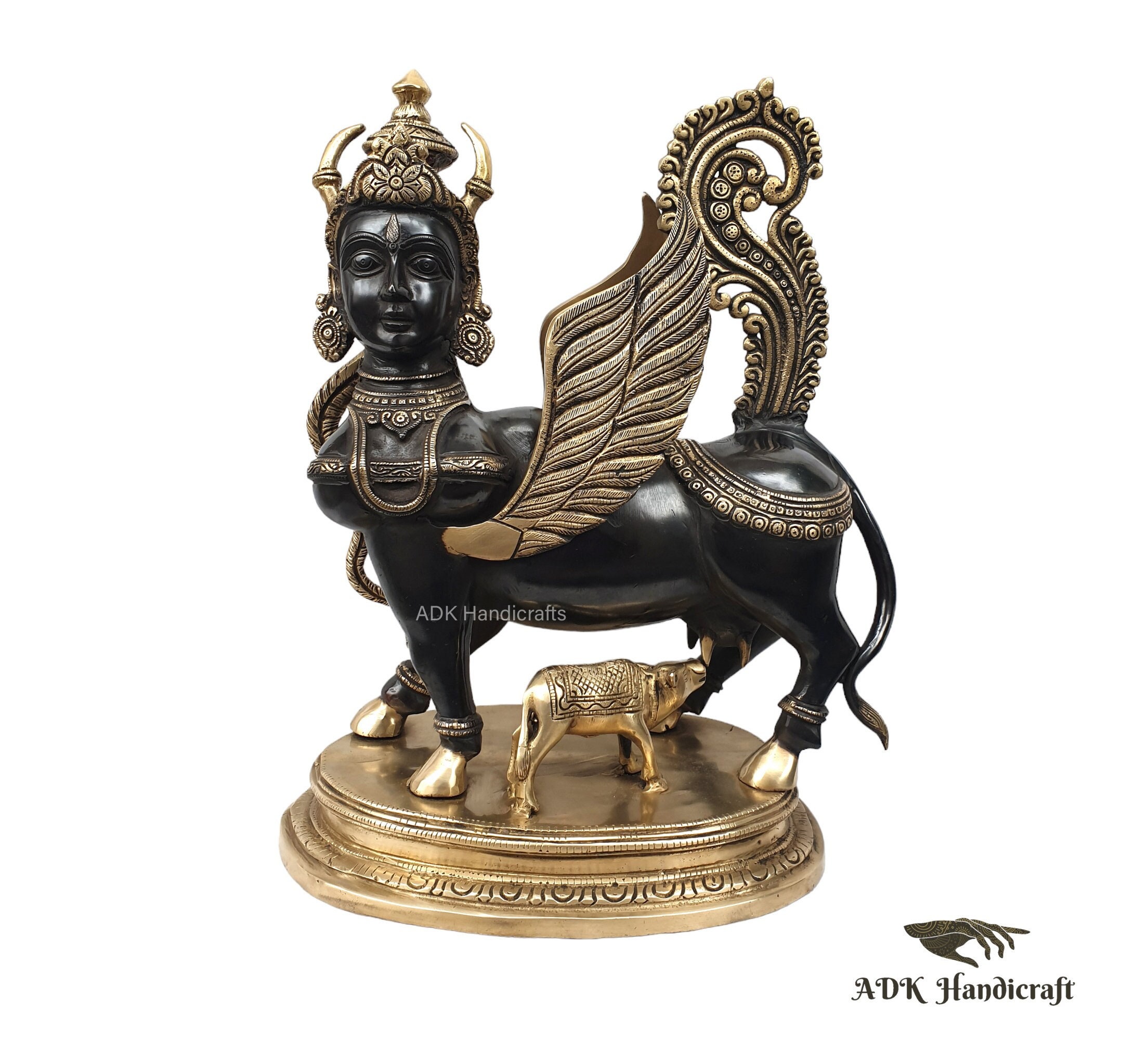 Big Brass Kamdhenu Cow With Calf Statue, 17