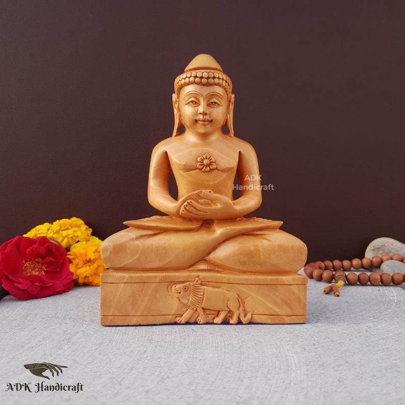 Mahaveer Swamy Statue, 6.2 Inch Wooden HandCarved Mahavir Bhagwaan, Mahavira Swami Ji Jain Spiritual Idol, Lord Mahaveer Swami Indian Gods image 1