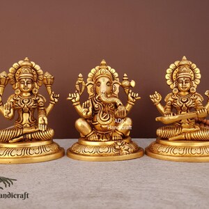 Brass Lakshmi Ganesha Saraswati Statue, 5&quot; Inch Laxmi Ganesh Saraswati Idol in Brass For Diwali Puja Decor Hindu Deepawali Gods Murti, Gifts