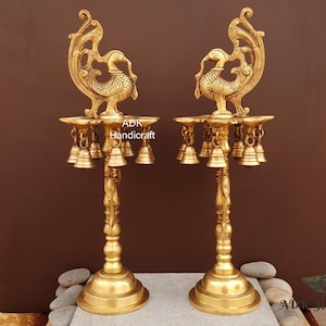 Brass Annam Bird Oil Lamp, 17" Inch Big Peacock Diya Stand in Brass For Home Temple Decor, Large Decorative Traditional Indian Oil Diya Lamp